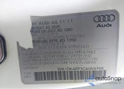 2012 Audi Q5 3.2 Premium Plus из США, поврежденный, VIN WA1DKAFP1CA059766